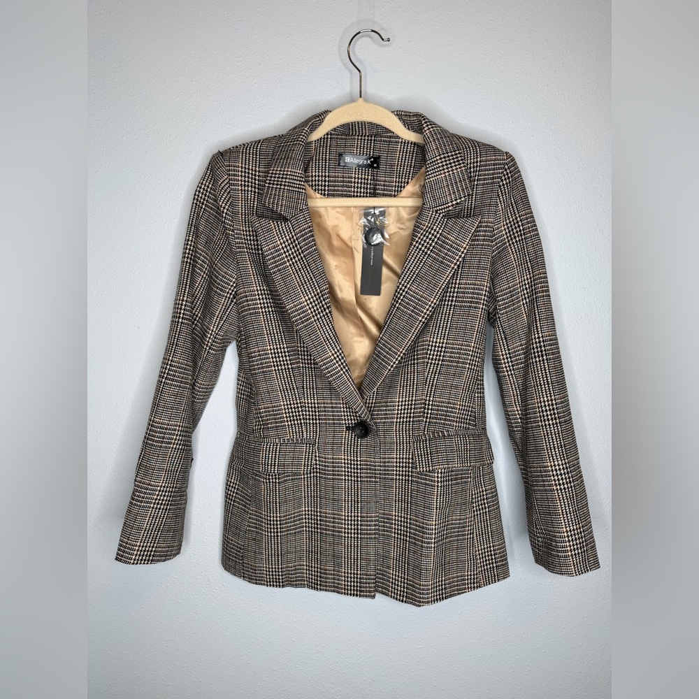 Allegra K CHIC Women's Blazers Notched Lapel  One Button Plaid Blazer new XS